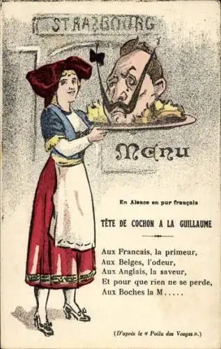 Ak Frankreich, Frau in Tracht, Straßburg Menu, Tete de Cochon a la Guillaume