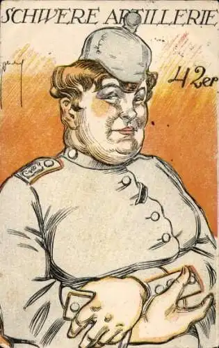 Künstler Ak Schwere Artillerie, Übergewichtiger Soldat, Feld-Artillerie-Regiment Nr. 42 Berlin
