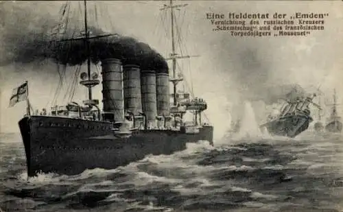 Ak Deutsches Kriegsschiff SMS Emden, russ. Kreuzer Schemtschug, französ. Torpedojäger Mousquet