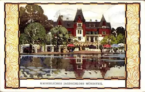 Künstler Ak Mürzsteg Steiermark, Kaiserliches Jagdschloss, 1. Int. Jagdausstellung in Wien 1910