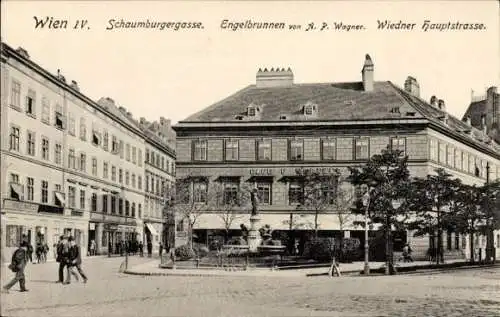 Ak Wien IV. Wieden, Schaumburgergasse, Engelbrunnen, Wiedner Hauptstraße, Cafe Wortner