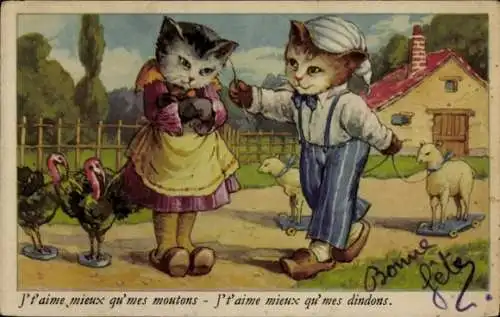 Künstler Ak J't'taime mieux qu'mes moutons, vermenschlichte Katzen, Schafe, Truthähne