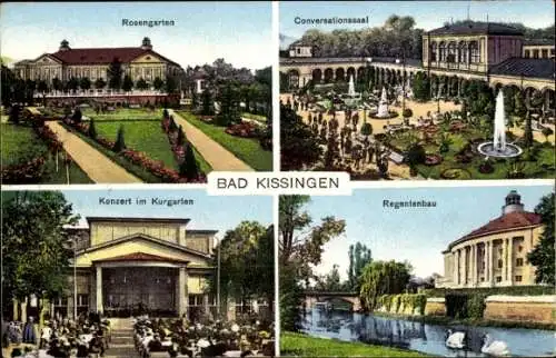 Ak Bad Kissingen Unterfranken Bayern, Rosengarten, Konversationssaal, Kurgartenkonzert, Regentenbau