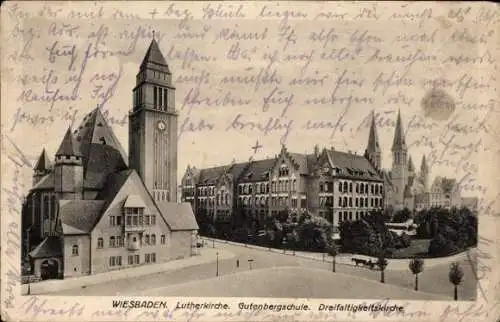 Ak Wiesbaden in Hessen, Lutherkirche, Gutenbergschule, Dreifaltigkeitskirche