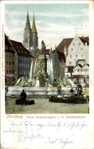 Ak Nürnberg in Mittelfranken, Neuer Neptunbrunnen, St. Sebalduskirche