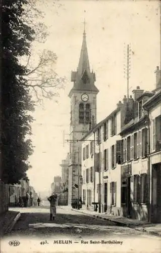 Ak Melun Seine et Marne, Rue Saint Barthelemy, Kirchturm, Turmuhr