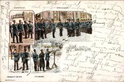 Litho Gruß aus der Garnison, deutsche Soldaten in Uniformen, Übung