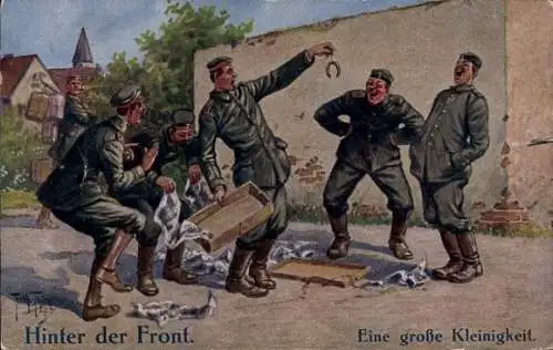 Künstler Ak Thiele, Arthur, Hinter der Front, eine große Kleinigkeit, Soldat, Paket, Paar Würstchen