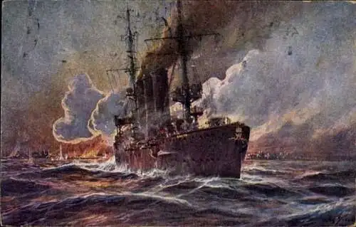 Künstler Ak Stöwer, Willy, SMS Emden beschießt Madras, Kreuzer, Kaiserliche Marine, I. WK