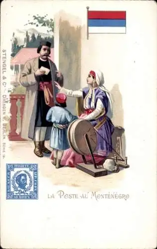 Briefmarken Litho Die Post in Montenegro, Postbote, Spinnrad, Frau in Tracht