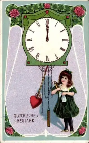 Jugendstil Präge Passepartout Ak Glückwunsch Neujahr, Pendeluhr, Mitternacht