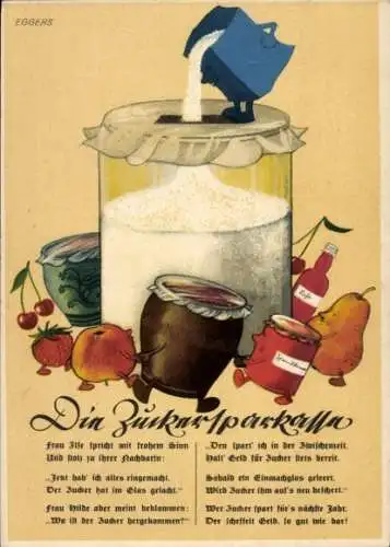 Künstler Ak Eggers, Die Zuckersparkasse, Marmelade, Obst, Einmachglas