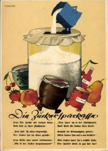 Künstler Ak Eggers, Die Zuckersparkasse, Marmelade, Obst, Einmachglas