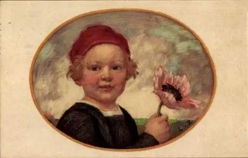 Künstler Ak Zumbusch, Ludwig von, Bayerischer Blumentag 1913, Junge mit Mohnblüte