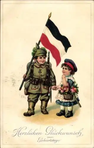 Ak Kind in Uniform, Pickelhaube, Reichsflagge, Liebespaar, Dem Sieger reiche Ehr