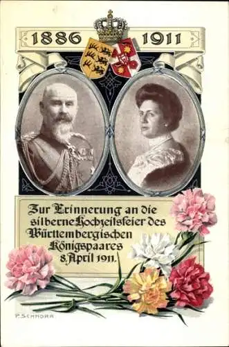 Künstler Ak Schnorr, König Wilhelm II v. Württemberg, Königin Charlotte, Silberhochzeit 1911, Wappen