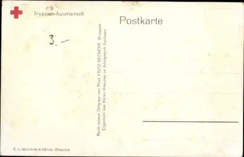 Künstler Ak Beckert, Fritz, Ausmarsch der Truppen, Fahnenschmuck, Rotes Kreuz Sachsen