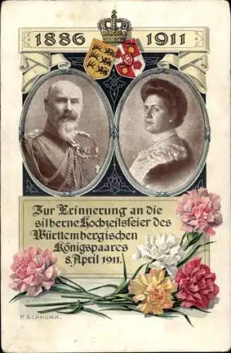 Künstler Ak Schnorr, König Wilhelm II v. Württemberg, Königin Charlotte, Silberhochzeit 1911, Wappen