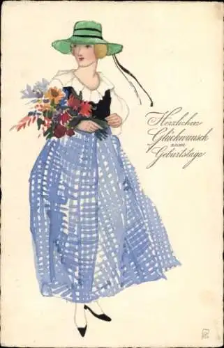 Künstler Ak Frau in blauem Kleid mit Blumenstrauß