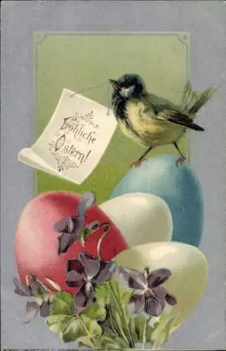 Ak Glückwunsch Ostern, Vogel, Ostereier, Veilchen