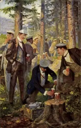 Künstler Ak Mühlberg, G., Studentenleben, Studenten trinken Bier im Wald