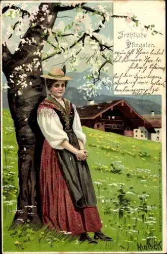 Künstler Litho Mailick, Junge Frau in Tracht, blühender Baum