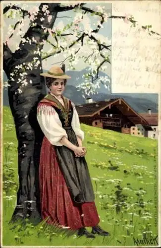 Künstler Litho Mailick, Junge Frau in Tracht, blühender Baum