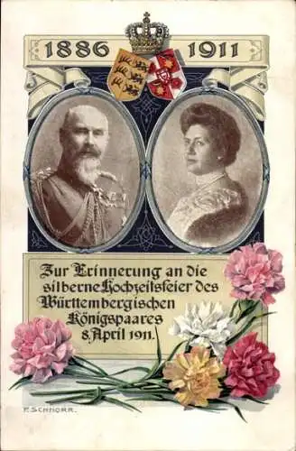 Künstler Ak Schnorr, König Wilhelm II v. Württemberg, Königin Charlotte, Silberhochzeit 1911, Wappen