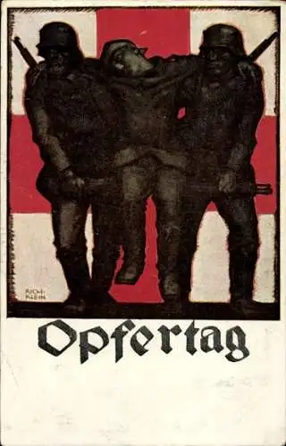 Künstler Ak Klein, Rich., Opfertag 1917, Bayer. Landeskomitee vom Roten Kreuz, verwundeter Soldat