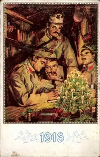 Künstler Ak Frohe Weihnachten, Kuk Soldaten im Unterstand, Tannenbaum, Kriegsweihnacht 1916