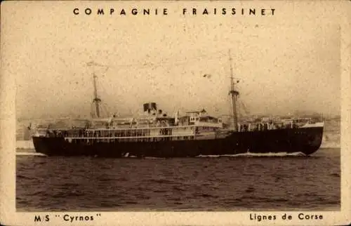 Ak Lignes de Corse, MS Cyrnos, Compagnie Fraissinet, Dampfer auf See