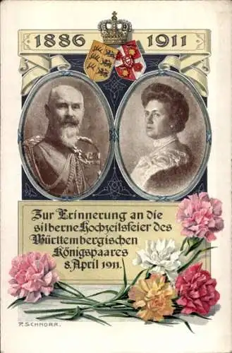 Künstler Ak Schnorr, König Wilhelm II v. Württemberg, Königin Charlotte, Silberhochzeit 1911, Wappen