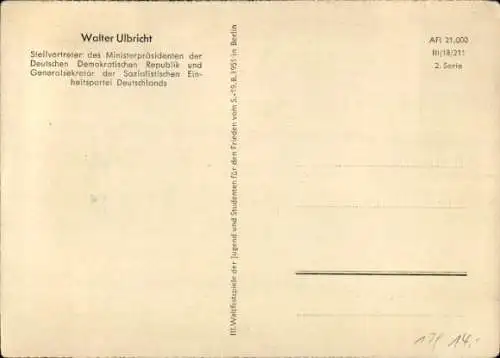 Ak Walter Ulbricht, Erster Sekretär des Zentralkomitees der SED, Portrait, DDR