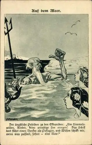 Künstler Ak Auf dem Meer, Poseidon, Woodrow Wilson, Kladderadatsch Nr 18