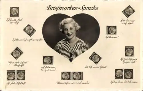 Briefmarken Ak Frau, Ich komme, du bist mein Glück, Ich bin dein, Briefmarkensprache, NPG 3306