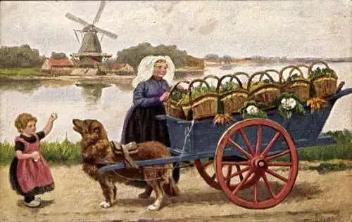 Künstler Ak Gerstenhauer, Joh., Niederlande, Hundekarren, Gemüsehändlerin, Zughund, Windmühle