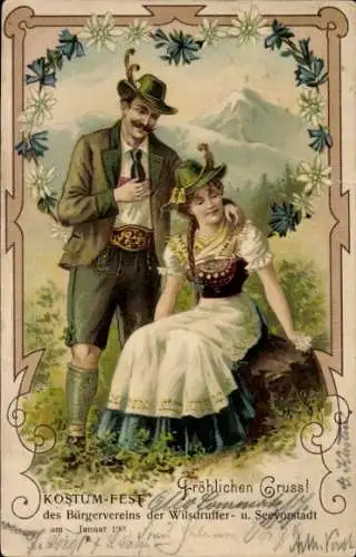 Präge Litho Paar in bayerischer Tracht, Edelweiß, Alpen