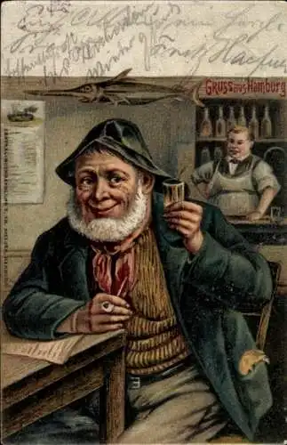 Litho Hamburg, Seemann bei einem Glas Schnaps