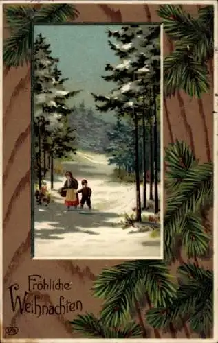 Passepartout Präge Litho Glückwunsch Weihnachten, Kinder im Wald