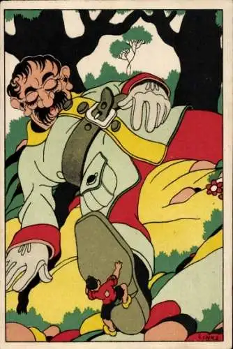 Künstler Ak Links, Der kleine Däumling, Däumling und der Riese, Ludwig Bechstein