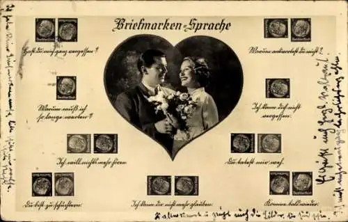 Ak Briefmarkensprache, Liebespaar, Kitsch