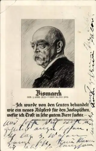 Künstler Ak Fürst Otto von Bismarck, Portrait, Zitat aus Karlsbad den 22. Juli 1864