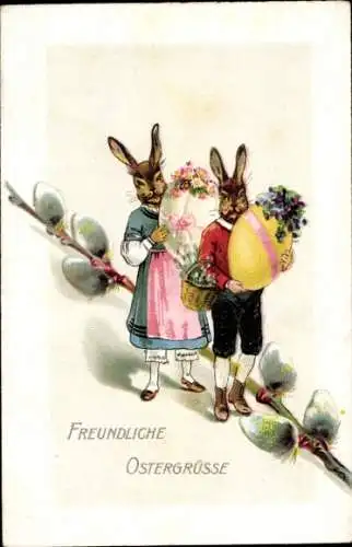 Ak Frohe Ostern, Osterhasen, Ostereier, Weidenkätzchen