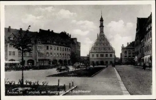 Ak Zwickau Sachsen, Parkplatz am Hauptmarkt, Stadttheater