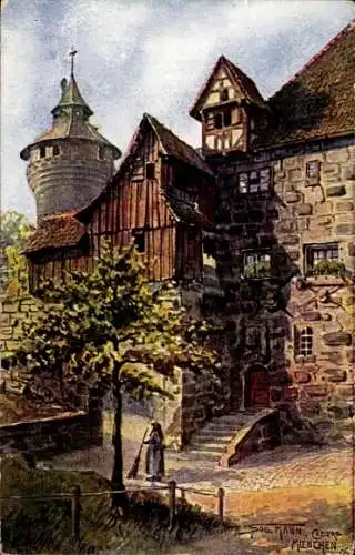 Künstler Ak Sollmann, Nürnberg, Burgeingang, Straßenfegerin, Turm