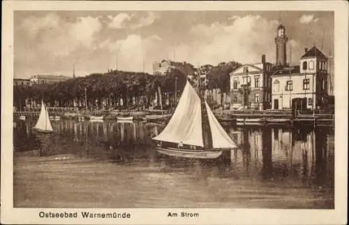 Ak Ostseebad Warnemünde Rostock, Am Strom, Segelboote