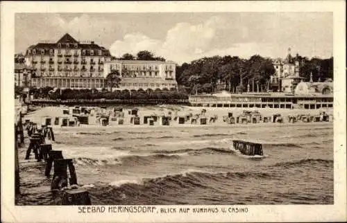 Ak Ostseebad Heringsdorf auf Usedom, Blick auf Kurhaus und Kasino, Strand