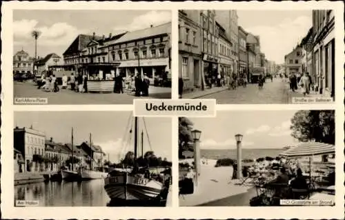 Ak Ueckermünde in Vorpommern, Hafen, Straße der Befreier, HO Gaststätte Am Strand, K.-M.-Platz