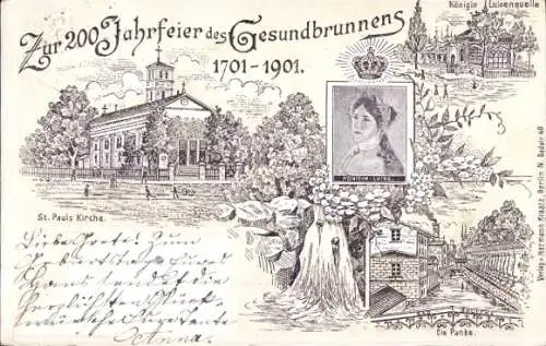 Litho Berlin Wedding Gesundbrunnen, 200 Jahrfeier 1901, Königin Luise, Luisenquelle, Panke, Kirche