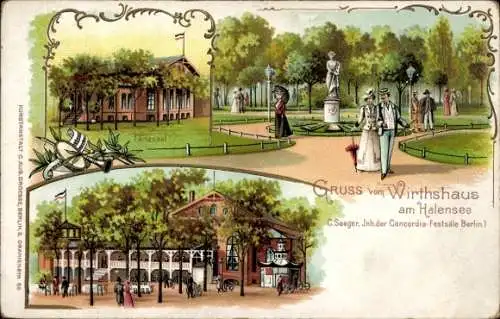 Litho Berlin Wilmersdorf Halensee, Wirtshaus am Halensee, Tanzsaal,Park